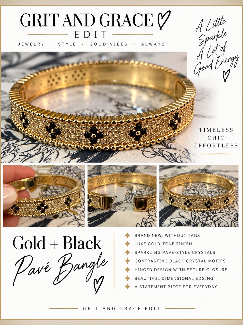 ✨🖤 STUNNING GOLD + BLACK PAVÉ HINGED BANGLE BRACELET ✨